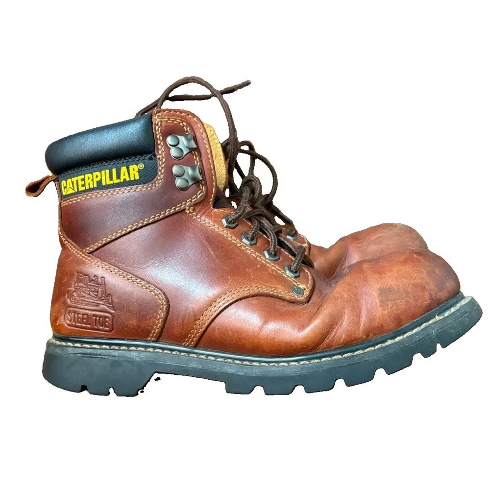 Caterpillar Men Second Shift Steel Toe Size 9 Work Boots Leather Brown